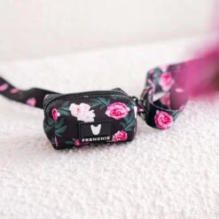 Frenchie Poo Bag Holder - Moody Floral -Bandana Buddy Shop frenchie bulldog reversible harness leash collar poo bag bandana moody floral roses garden 004