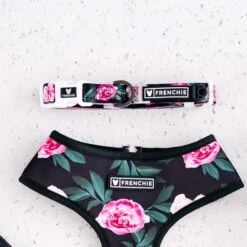 Frenchie Comfort Collar - Moody Floral -Bandana Buddy Shop frenchie bulldog reversible harness leash collar poo bag bandana moody floral roses garden 010