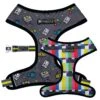 Frenchie Duo Reversible Harness - Gamer -Bandana Buddy Shop frenchie bulldog reversible harness leash collar poo bag bandana no pull gray retro red pink green blue yellow cyan stripes nintendo ds 64 gameboy old school arcade gamer 066